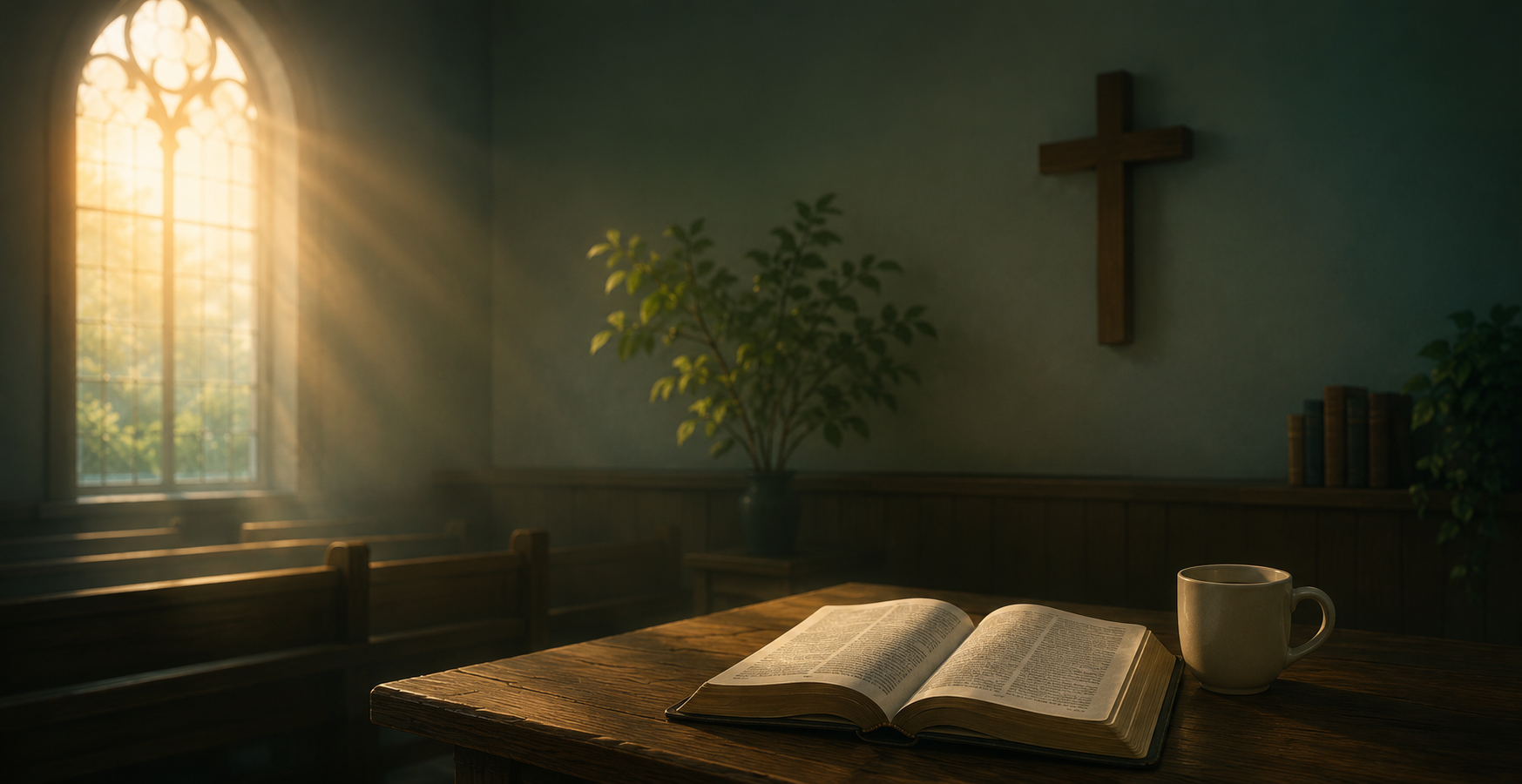 Open Bible and quiet church interior with morning light — Hello Pastor